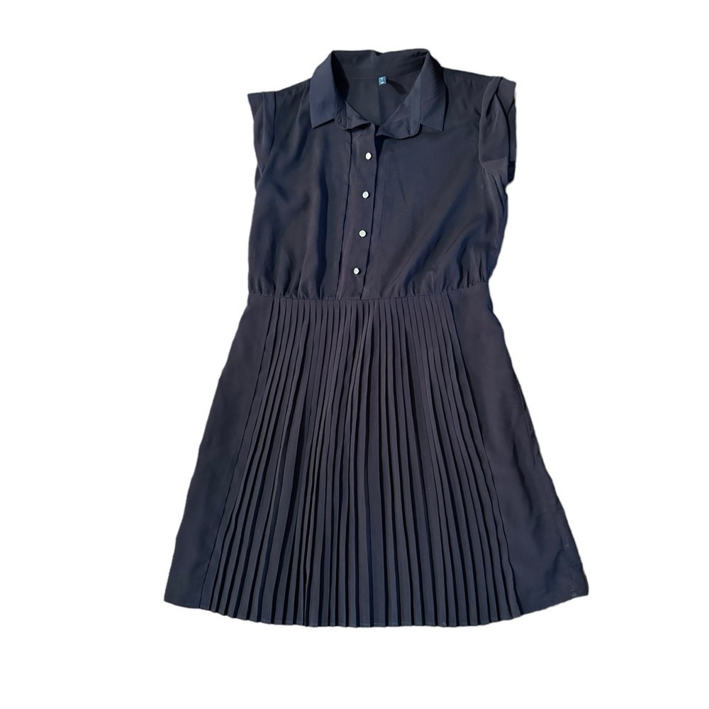 Yargici Women’s Navy Blue Minimalist Pleated Sleeveless Dress Size 4 Buttons